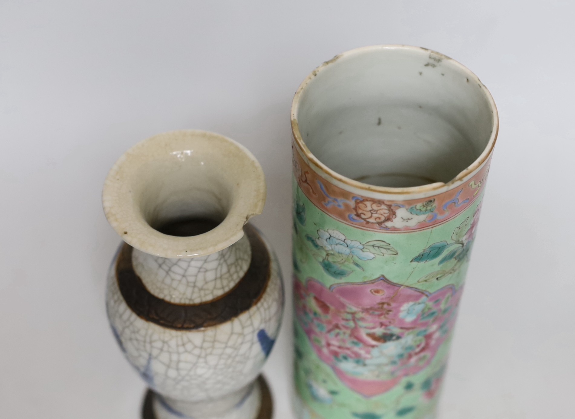 A Chinese Straits green ground sleeve vase and a Chinese blue and white crackle glaze vase, sleeve vase 23cms high